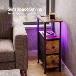 Levede Bedside Table Narrow Side Table With Led Charging Station Brown - thumbnail 8