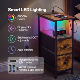 Levede Bedside Table Narrow Side Table With Led Charging Station Brown - thumbnail 5