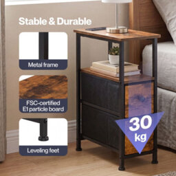 Levede Bedside Table Narrow Side Table With Led Charging Station Brown - thumbnail 9