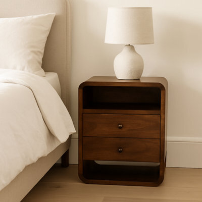 Matteo Solid Wood Chestnut Curve 2 Drawer Bedside Table With 2 Open Slots - image 1