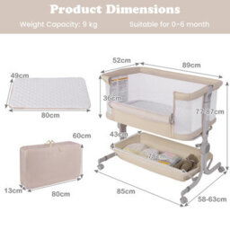 Costway Baby Bassinet Bedside Sleeper Bedside Crib W/ 6-Level Adjustable Height-Beige - thumbnail 2