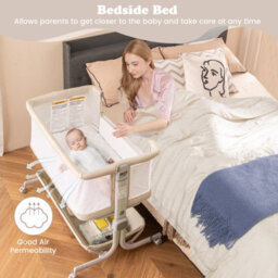 Costway Baby Bassinet Bedside Sleeper Bedside Crib W/ 6-Level Adjustable Height-Beige - thumbnail 6