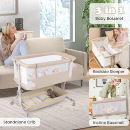 Costway Baby Bassinet Bedside Sleeper Bedside Crib W/ 6-Level Adjustable Height-Beige - thumbnail 3