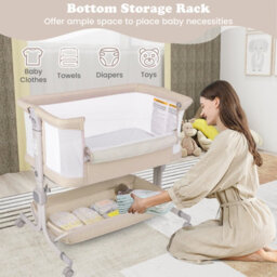 Costway Baby Bassinet Bedside Sleeper Bedside Crib W/ 6-Level Adjustable Height-Beige - thumbnail 7