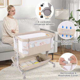 Costway Baby Bassinet Bedside Sleeper Bedside Crib W/ 6-Level Adjustable Height-Beige - thumbnail 9