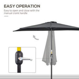 Outsunny 3(M) Half Round Parasol Garden Sun Umbrella Metal W/ Crank Black - thumbnail 4