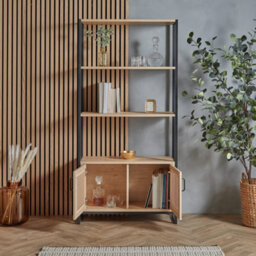 Vonhaus Bookcase, Book Shelf For Living Room, Rattan Effect Shelving Unit With Internal Storage & 3 Open Shelves, Lena - thumbnail 3