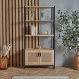 Vonhaus Bookcase, Book Shelf For Living Room, Rattan Effect Shelving Unit With Internal Storage & 3 Open Shelves, Lena - thumbnail 2