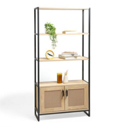 Vonhaus Bookcase, Book Shelf For Living Room, Rattan Effect Shelving Unit With Internal Storage & 3 Open Shelves, Lena