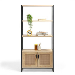 Vonhaus Bookcase, Book Shelf For Living Room, Rattan Effect Shelving Unit With Internal Storage & 3 Open Shelves, Lena - thumbnail 7
