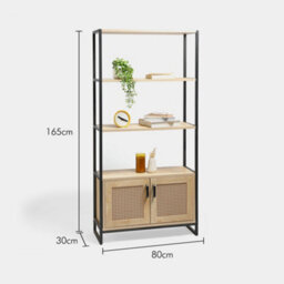 Vonhaus Bookcase, Book Shelf For Living Room, Rattan Effect Shelving Unit With Internal Storage & 3 Open Shelves, Lena - thumbnail 4