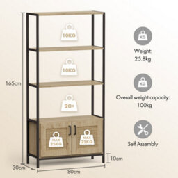 Vonhaus Bookcase, Book Shelf For Living Room, Rattan Effect Shelving Unit With Internal Storage & 3 Open Shelves, Lena - thumbnail 8