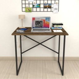 Urbn-Living Urbnliving 90Cm Width Burnt Oak Wooden Computer Desk Modern Study Table Workstation With Metal Legs - thumbnail 2