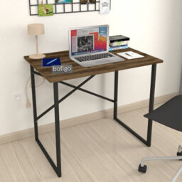 Urbn-Living Urbnliving 90Cm Width Burnt Oak Wooden Computer Desk Modern Study Table Workstation With Metal Legs - thumbnail 3