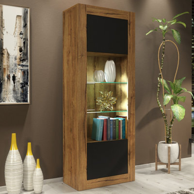 Display Cabinet Illume 170Cm - Dark Oak & Black Matt Doors And Led Lights - image 1