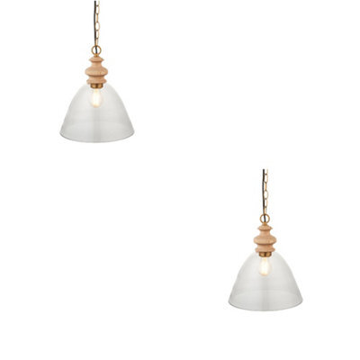 Loops Stylish 2 Pack Adjustable Ceiling Pendant Lights - Natural Ash Wood And Brass Finish - image 1