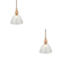 Loops Stylish 2 Pack Adjustable Ceiling Pendant Lights - Natural Ash Wood And Brass Finish