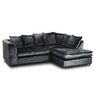 Furnishings For Less UK Crystal Crushed Velvet Fabric 3 To 4 Seater L Shaped Corner Sofa Black Right Hand Facing - Scatter Back - image 1