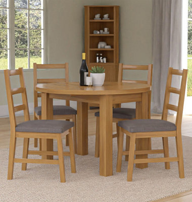 Hallowood Furniture Waverly Drop Leaf Round Table With 4 Ladder Back Oak Chairs With Grey Fabric Seats - image 1