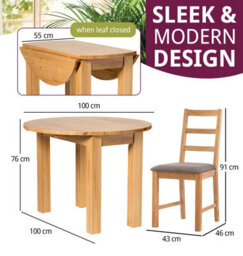 Hallowood Furniture Waverly Drop Leaf Round Table With 4 Ladder Back Oak Chairs With Grey Fabric Seats - thumbnail 3