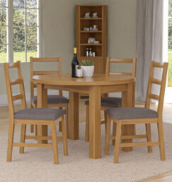 Hallowood Furniture Waverly Drop Leaf Round Table With 4 Ladder Back Oak Chairs With Grey Fabric Seats