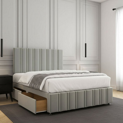 REGIONAL FURNISHINGS Divan Bed Set Silver Plush Velvet Upholstered 24Inch Headboard & Footboard & Mattress No Drawers In 3Ft 4Ft 4Ft6 5Ft 6Ft Sizes - image 1
