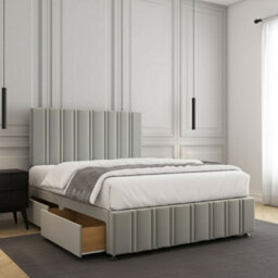 REGIONAL FURNISHINGS Divan Bed Set Silver Plush Velvet Upholstered 24Inch Headboard & Footboard & Mattress No Drawers In 3Ft 4Ft 4Ft6 5Ft 6Ft Sizes