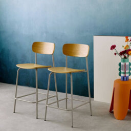 Sweeek - Set Of 2 Vintage Plywood Bar Stools With Ash Effect Wood Veneer And Beige Metal Legs L 42.5 X D 50 X H 94Cm - Toby - thumbnail 4