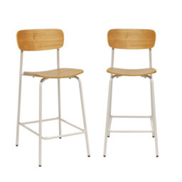 Sweeek - Set Of 2 Vintage Plywood Bar Stools With Ash Effect Wood Veneer And Beige Metal Legs L 42.5 X D 50 X H 94Cm - Toby - thumbnail 2