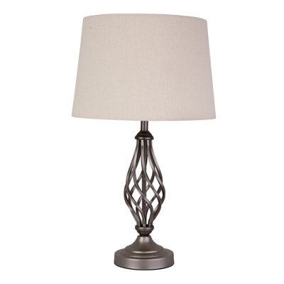 Lighting Supermarket Queenswood Traditional Barley Twist Table Lamp With Natural Linen Drum Shade - Pewter Grey - image 1