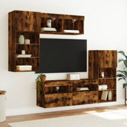 Berkfield 5 Piece Tv Wall Units With Led Smoked Oak Engineered Wood - thumbnail 3