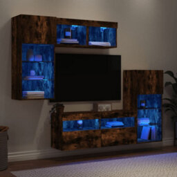 Berkfield 5 Piece Tv Wall Units With Led Smoked Oak Engineered Wood - thumbnail 1