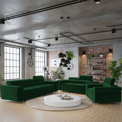Torezio 3 2 1 Living Room Sofa Set Chipboard Frame Hr Foam Wave Springs Fixed Backs Adjustable Headrests Green - image 1