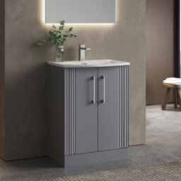 Balterley Belvide Partial Fluted 2 Door Floor Standing Vanity Unit With 1 Tap Hole Curved Basin- 600mm - Satin Grey - thumbnail 4