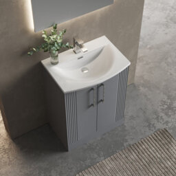Balterley Belvide Partial Fluted 2 Door Floor Standing Vanity Unit With 1 Tap Hole Curved Basin- 600mm - Satin Grey - thumbnail 5