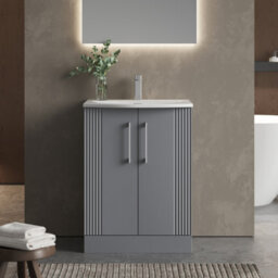 Balterley Belvide Partial Fluted 2 Door Floor Standing Vanity Unit With 1 Tap Hole Curved Basin- 600mm - Satin Grey - thumbnail 2