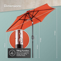 Vonhaus Parasol 2M, Garden Umbrella, Sun Shade Canopy With Hand Crank, Tilt Function, Uv30+ Protection, Air Vent, Steel Frame - thumbnail 7