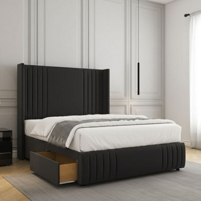 REGIONAL FURNISHINGS Divan Bed Set Black Plush Velvet Upholstered 54Inch Headboard 2Drawersfootend & Mattress In Double King 4Ft 6Ft Sizes - image 1
