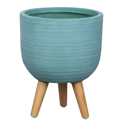 Primrose Round Textured Patio Planter With Wooden Legs In Blue 30Cm - image 1