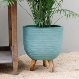 Primrose Round Textured Patio Planter With Wooden Legs In Blue 30Cm - thumbnail 3