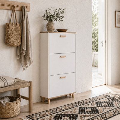 Wyld Haus Ellora Lera Slim Shoe Cabinet White And Natural - 3 Flip Drawers, Stores 12 Pairs, 70W X 23.5D X 122H Cm - image 1