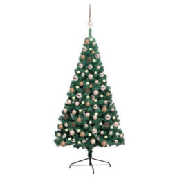 Berkfield Artificial Half Christmas Tree With Leds&ball Set Green 120 Cm - thumbnail 1