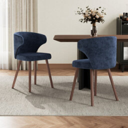 Darphe Set Of 2 Blue Chenille Dining Chairs With Walnut Oak Legs, 47.5Cm (W) X 42Cm (D) X 82Cm (H) - thumbnail 2
