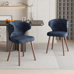 Darphe Set Of 2 Blue Chenille Dining Chairs With Walnut Oak Legs, 47.5Cm (W) X 42Cm (D) X 82Cm (H)