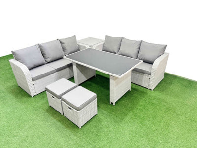Fimous 8 Seater Rattan Outdoor Dining Table 3 Seater Sofa Set With Side Table 2 Small Stools Light Grey - image 1