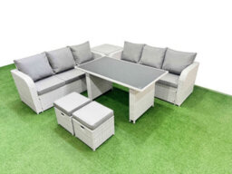 Fimous 8 Seater Rattan Outdoor Dining Table 3 Seater Sofa Set With Side Table 2 Small Stools Light Grey - thumbnail 1