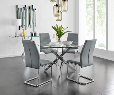 Furniturebox Uk Novara Chrome Metal And Glass Large Round Dining Table And 4 Elephant Grey Lorenzo Chairs Set - image 1