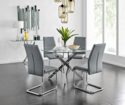 Furniturebox Uk Novara Chrome Metal And Glass Large Round Dining Table And 4 Elephant Grey Lorenzo Chairs Set - thumbnail 1