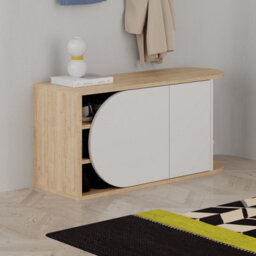 Decortie Nova Shoe Bench Storage Oak, White Engineered Wood 2-Door Oval Cut Edge 104(W)Cm With Metal Hook Organiser Hallway - thumbnail 8