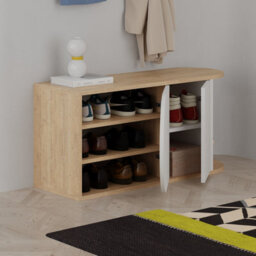 Decortie Nova Shoe Bench Storage Oak, White Engineered Wood 2-Door Oval Cut Edge 104(W)Cm With Metal Hook Organiser Hallway - thumbnail 4